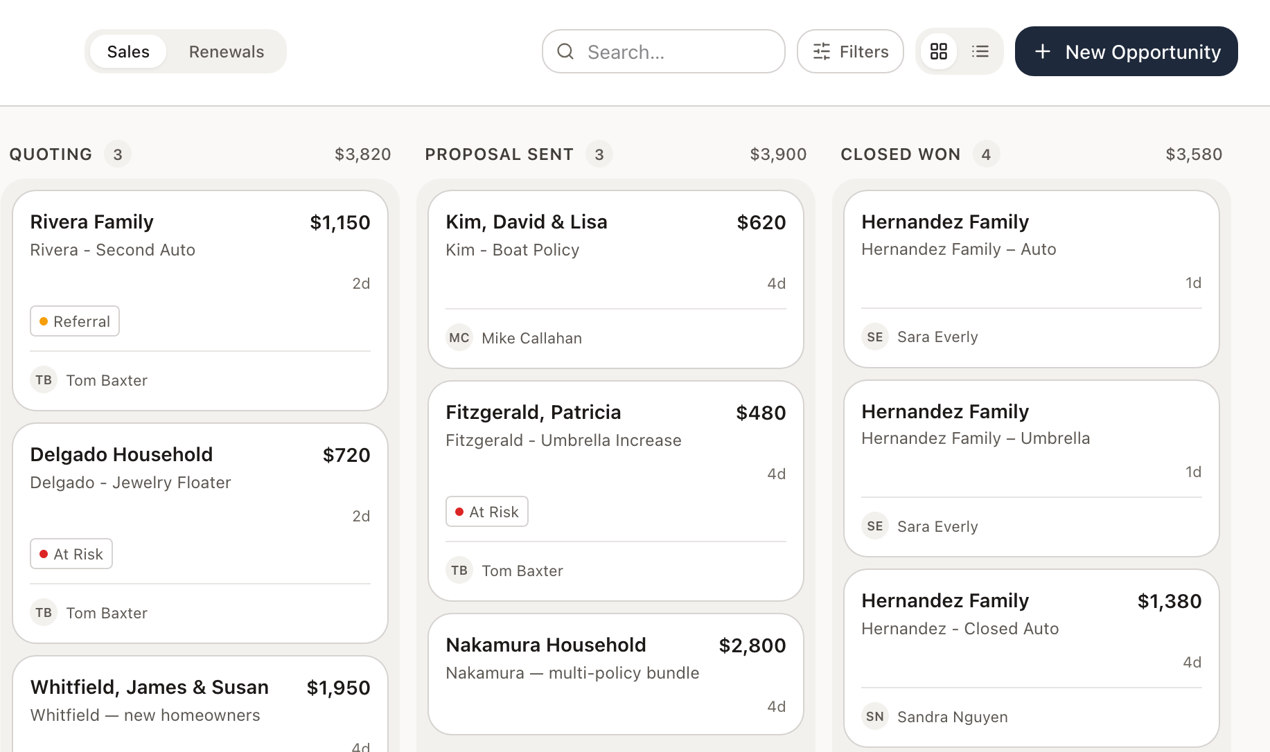 Binder CRM sales pipeline board with deals across quoting, proposal, and closed won stages