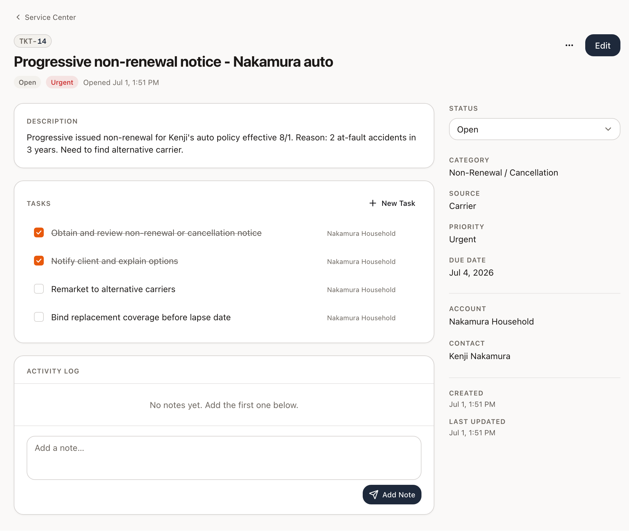 Binder Service Center ticket detail with tasks and account context